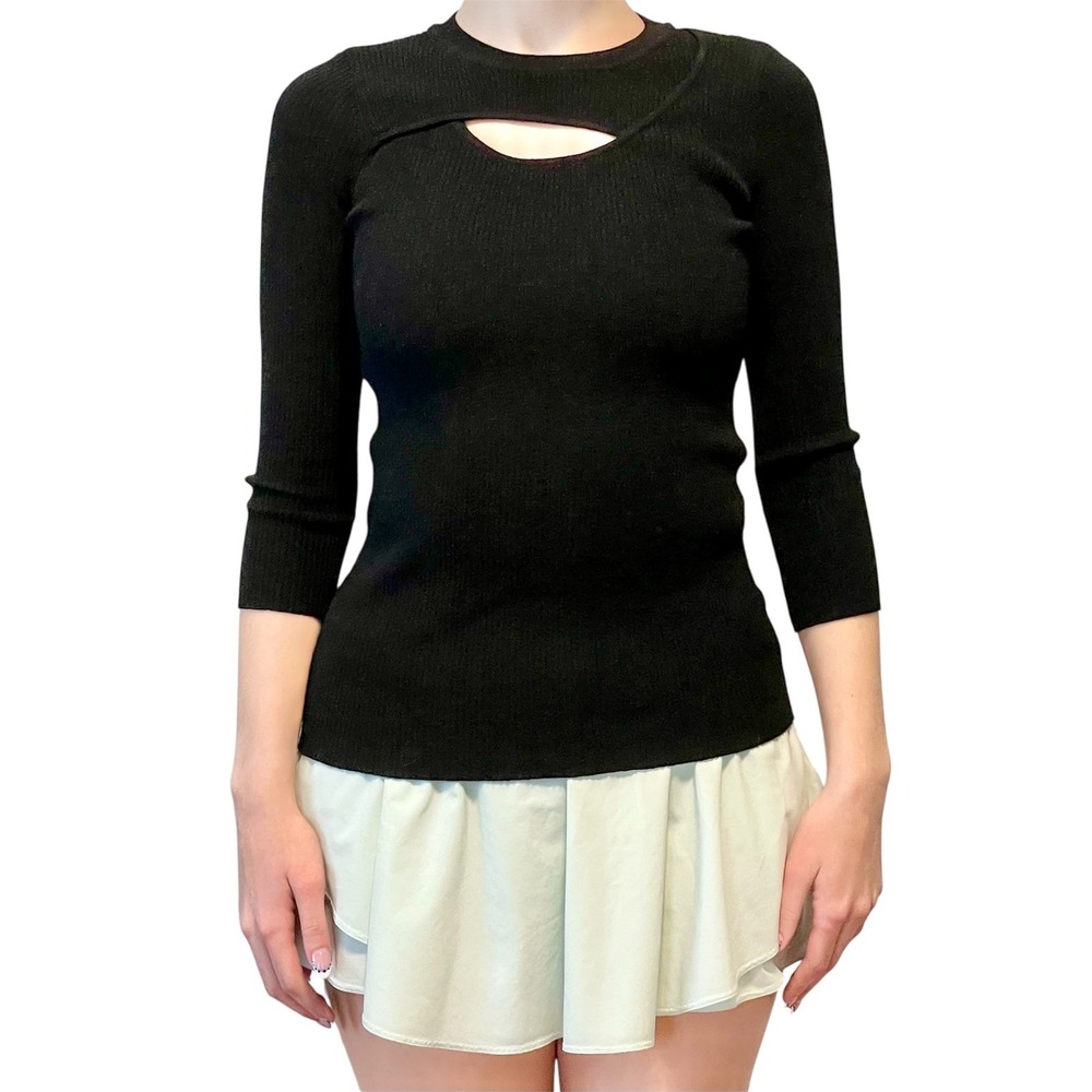 Carmen Marc Valvo Size XS Ribbed Knit Cutout Top Black 3/4 Sleeves STRETCH EUC